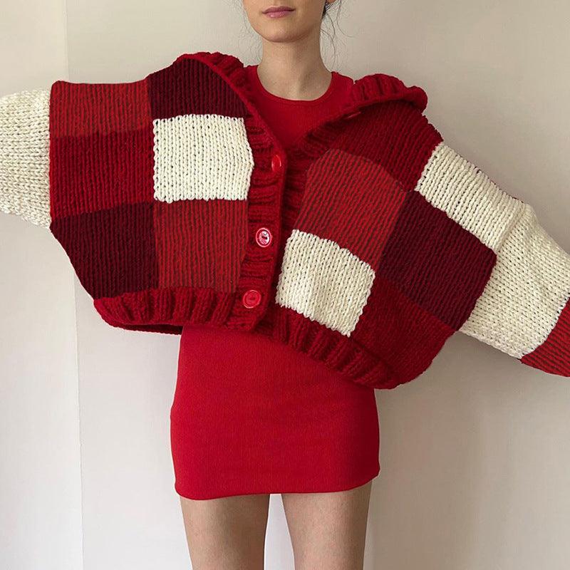 Cardigan Button Plaid Knitted Coat - WOMONA.COM