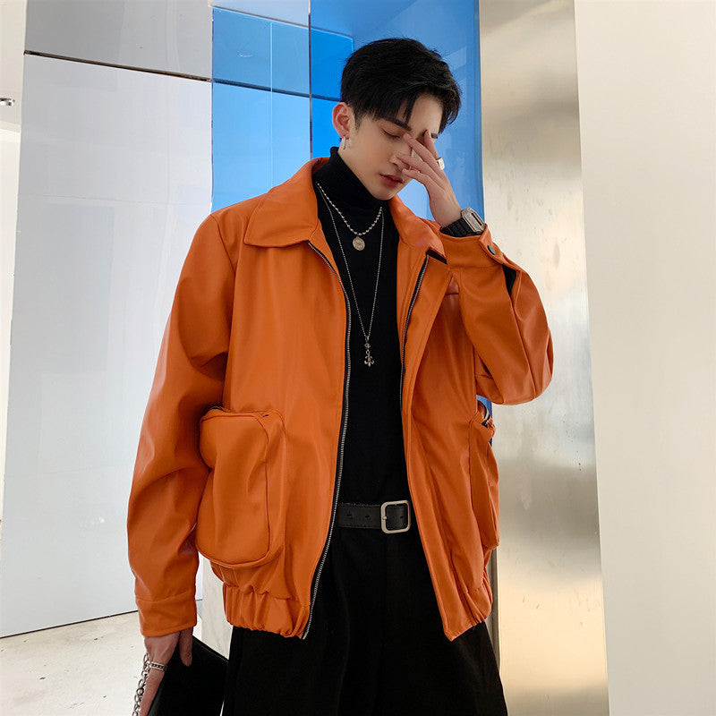 Orange Leather Jacket Men's - WOMONA.COM