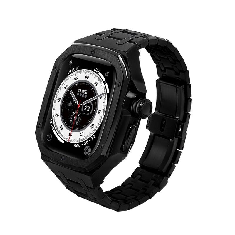 Black smartwatch with chunky black link band and rectangular rugged case