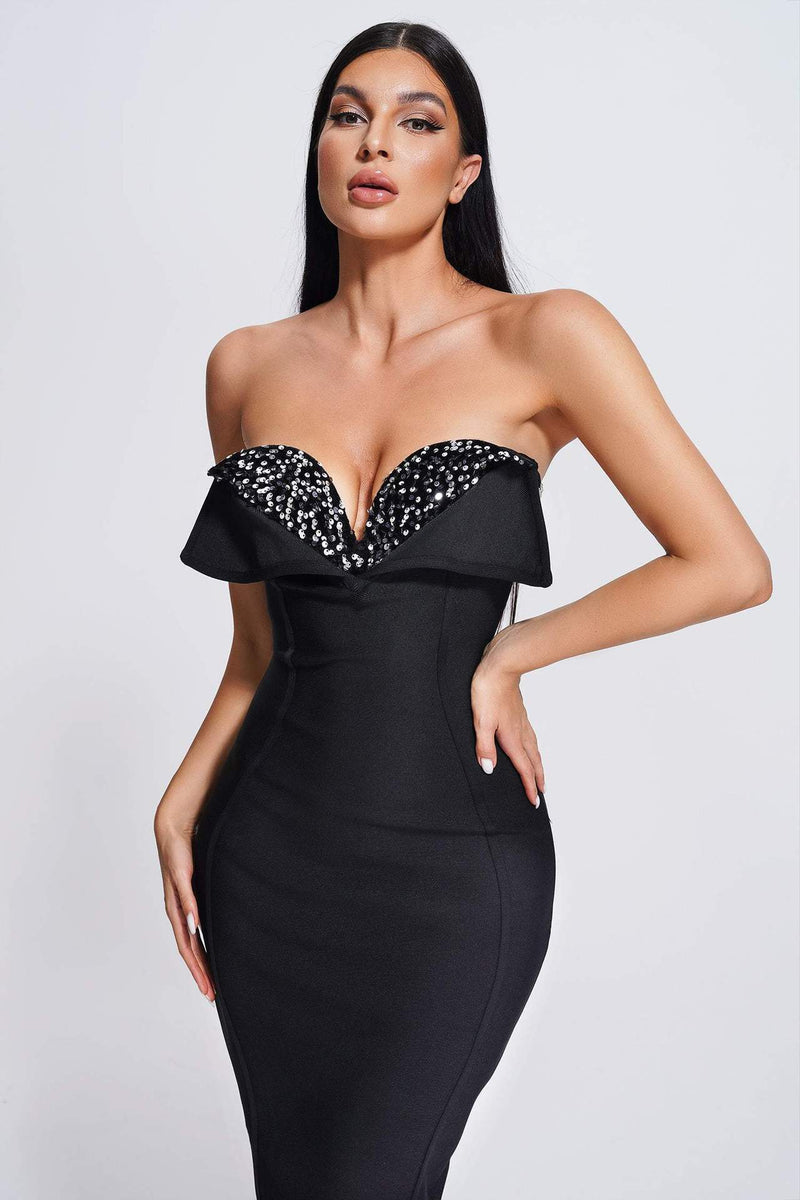 Women's Sequined Low Cut Strapless Black dress - WOMONA.COM