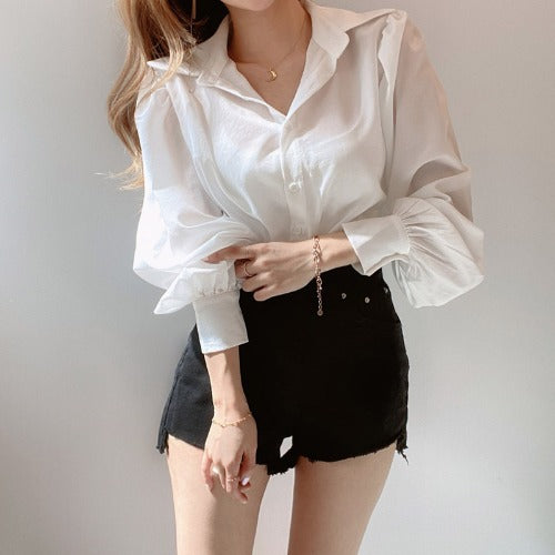 Lapel Single-breasted Loose Casual Lantern Sleeve Shirt - WOMONA.COM