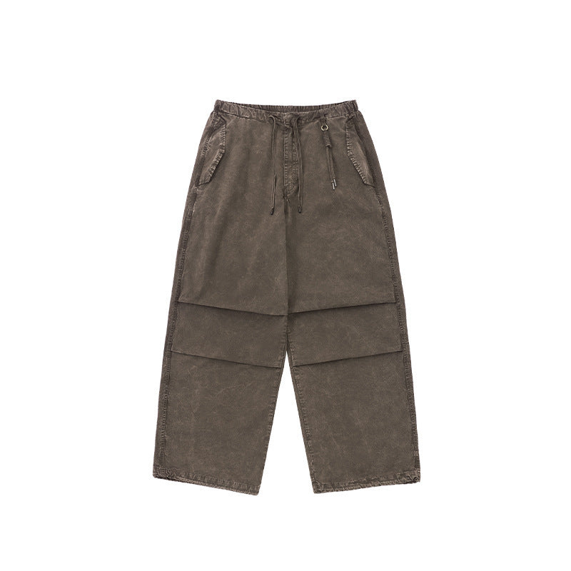 Washed paratrooper overalls, brown, wide-leg with drawstring waist and front flap pockets