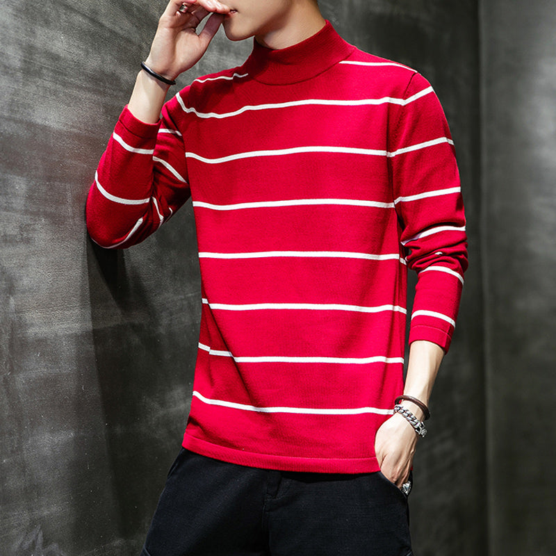 Men's Striped Sweater With Half Turtleneck - WOMONA.COM