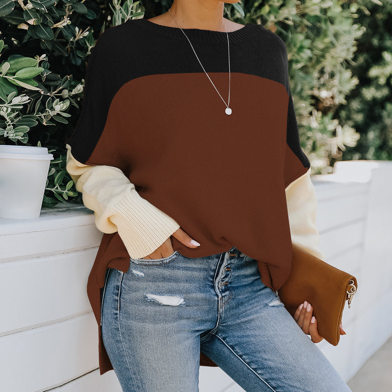 Women's Sweaters Off-shoulder Contrast Color Loose - WOMONA.COM