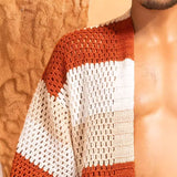 Men's Knitted Fashion Hollowed-out Striped Shirt Loose - WOMONA.COM