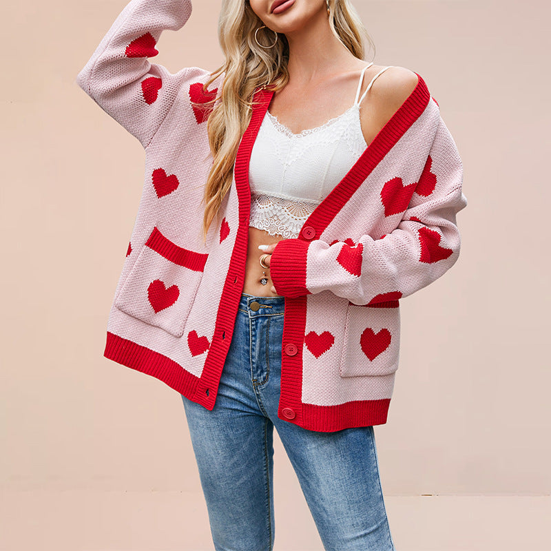 Women's Heart Peach Knitted Cardigan Pocket V-Neck