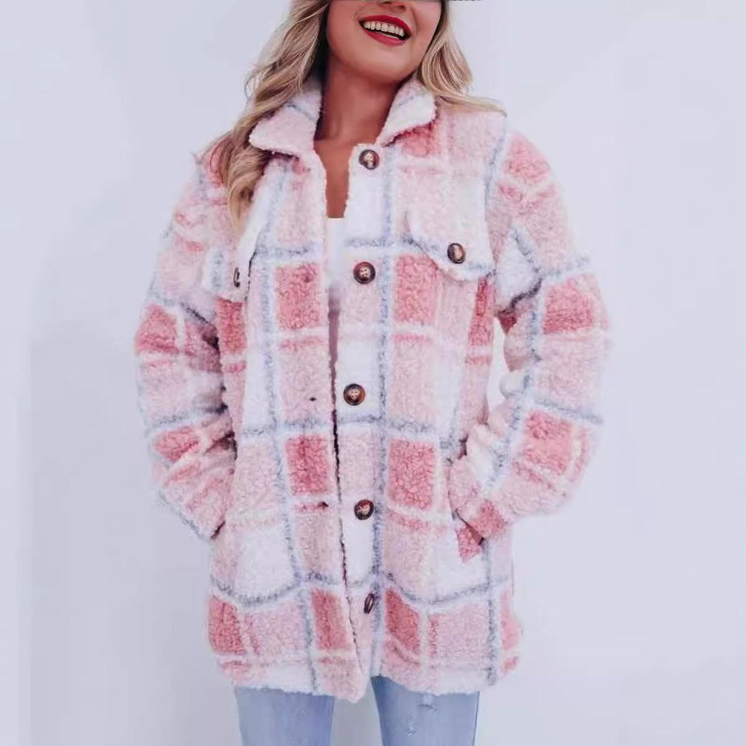 Women’s pink and white plaid warm jacket with polo collar and button front