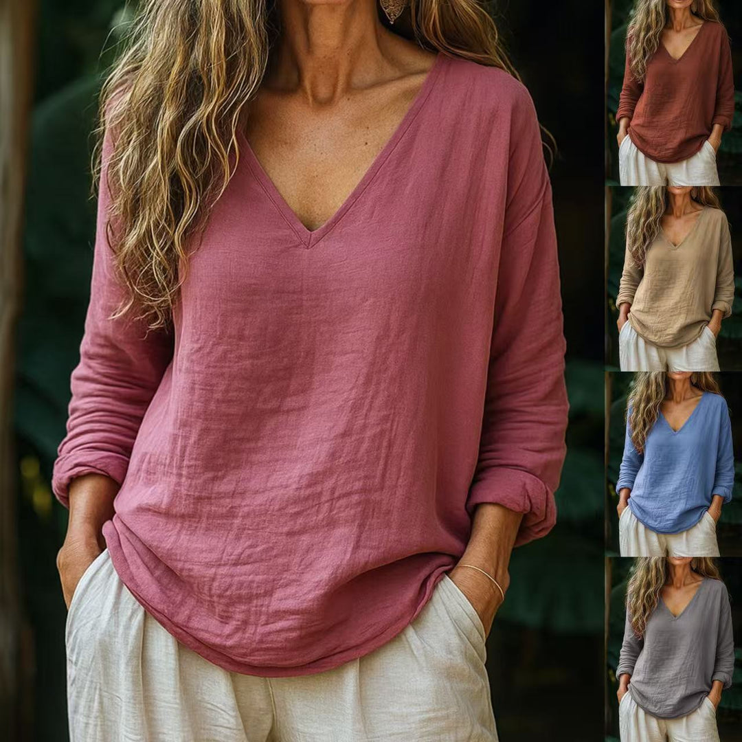 Long-sleeve V-neck pullover top in mauve rose, relaxed drape fit, long sleeves