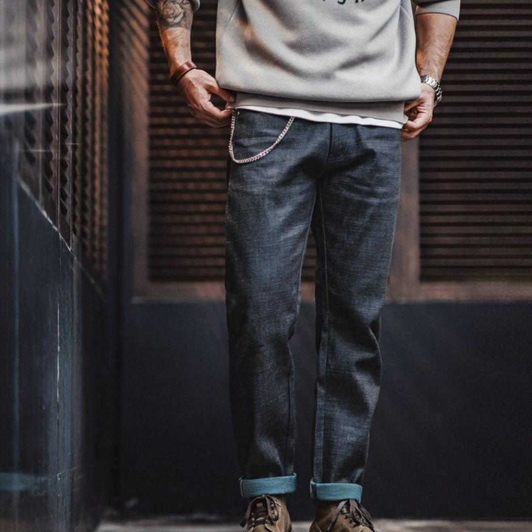 Men's straight jeans in dark blue denim, straight leg and mid-rise fit