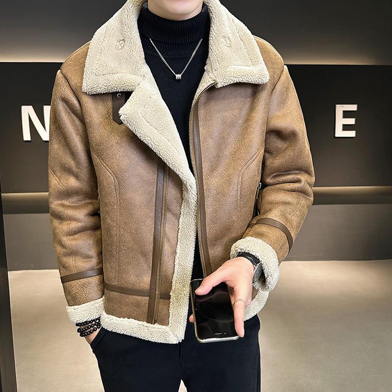 Fleece-lined Thickened Leather Jacket - WOMONA.COM