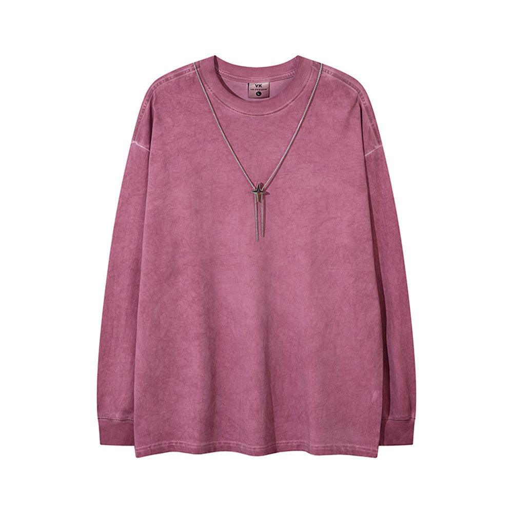 Washed Necklace T-shirt Long Sleeve Loose Top Men - WOMONA.COM