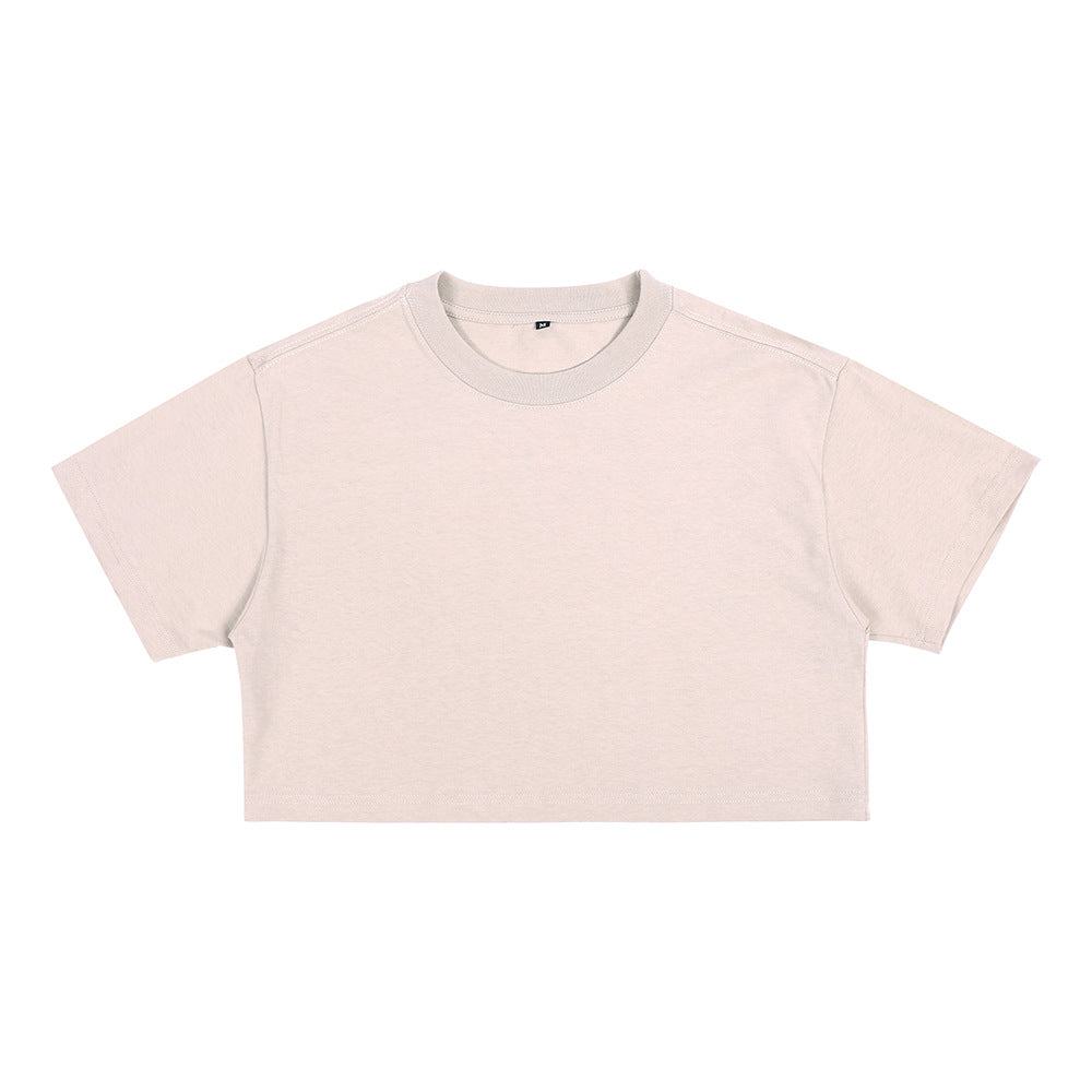 Light beige loose crop T-shirt with short sleeves and crew round neckline