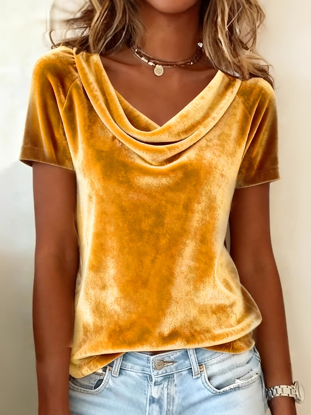 Velvet scoop-neck short-sleeve T-shirt in gold, draped cowl neckline