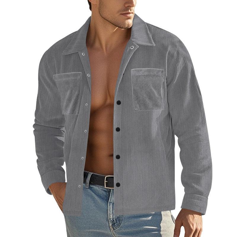 Gray heavy corduroy long-sleeve button-up shirt with point collar and chest pockets.