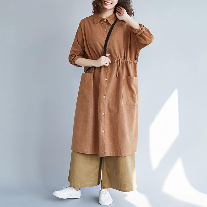 Caramel long button-up shirt with collared neckline, front buttons, and patch pockets