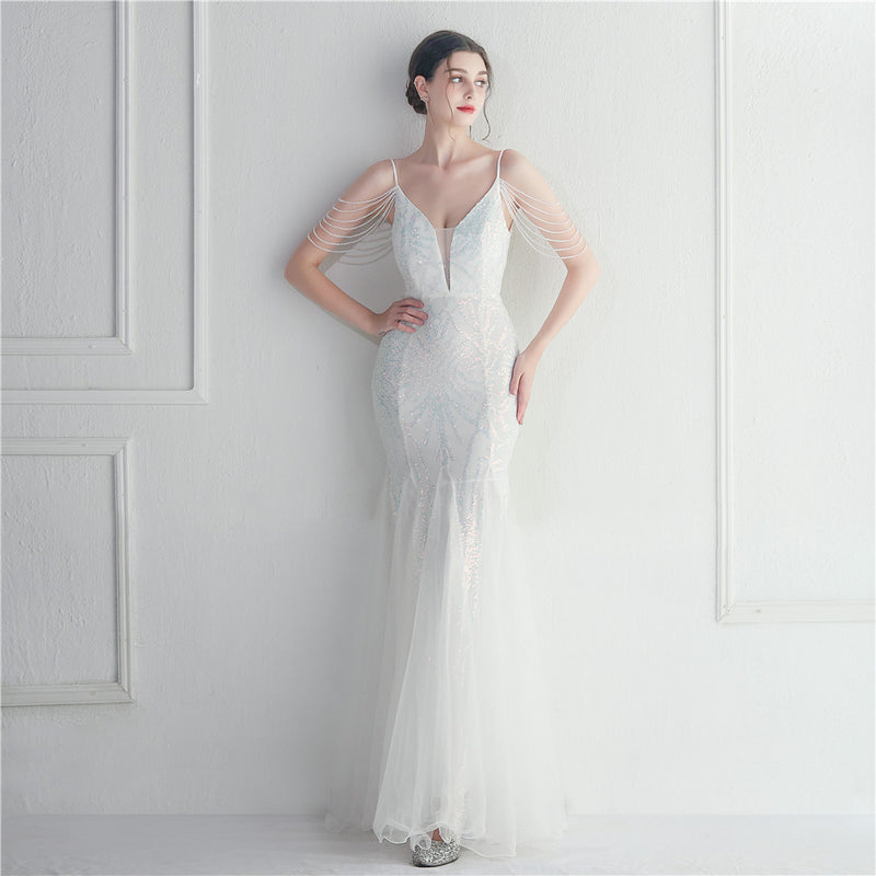 Mesh Beaded Bridal Wedding Dinner Long Camisole Evening Gown