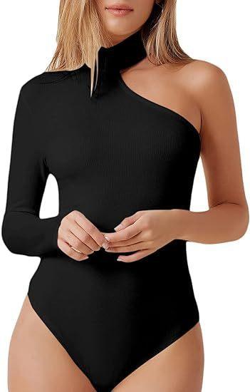 Black one-shoulder knitted jumpsuit with long sleeves and high collar