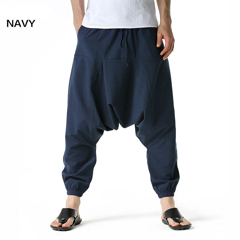 Men's loose flying squirrel pants, navy blue, drawstring waist, elastic ankle cuffs