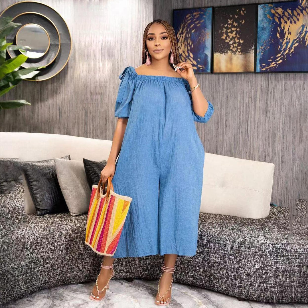 Blue off-shoulder cropped jumpsuit with puff sleeves, elastic neckline, wide legs