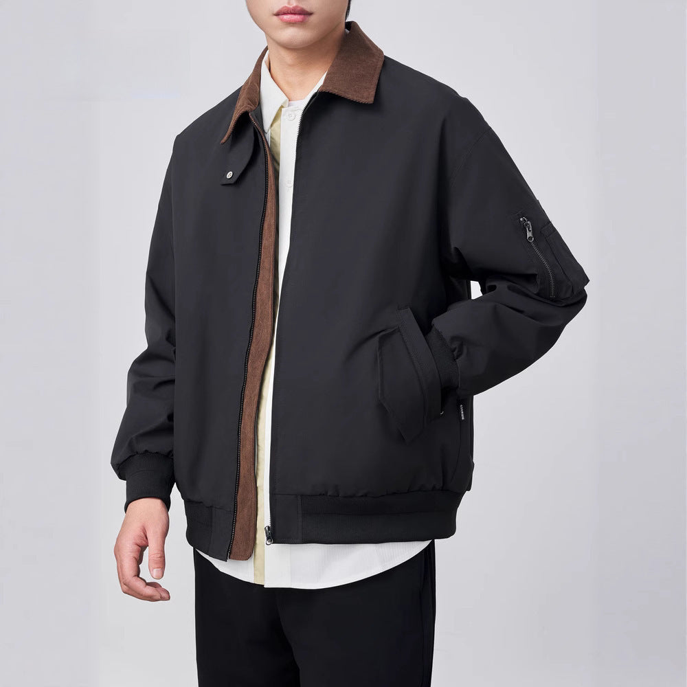 Men's Teflon-repellent lapel jacket, black with brown corduroy-style collar and zip front
