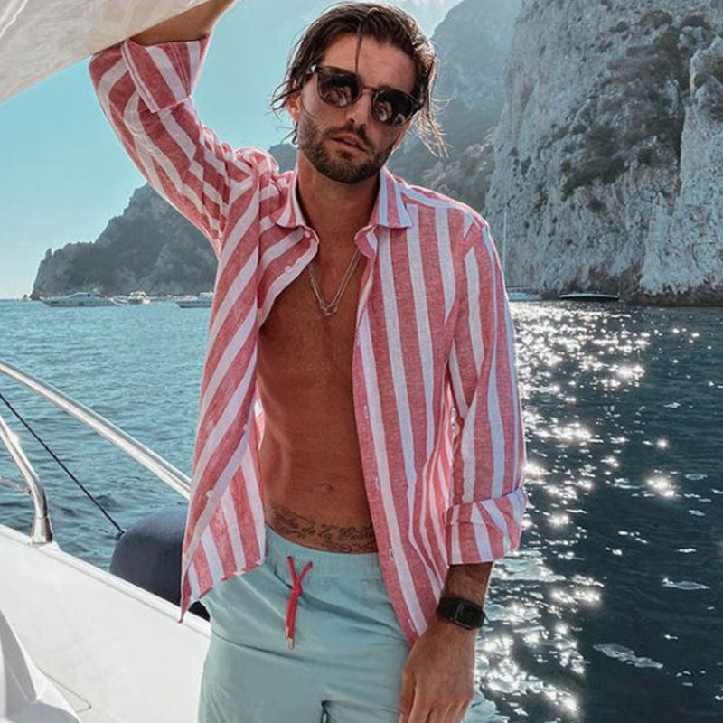 Men's pink-and-white striped long-sleeve shirt with lapel collar, button front