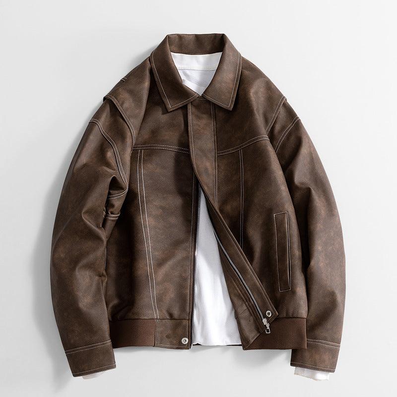 Men's PU leather jacket, brown, stand collar, asym zipper chest pocket