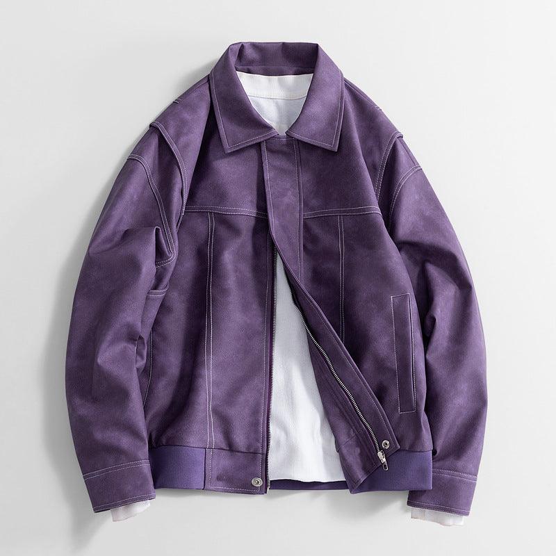 Men's PU leather jacket, purple, stand collar, asym zipper chest pocket