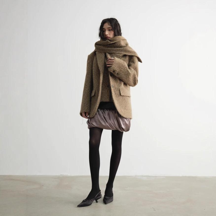 Women’s brown wool suit jacket with notch lapels and button front, hooded scarf wrap