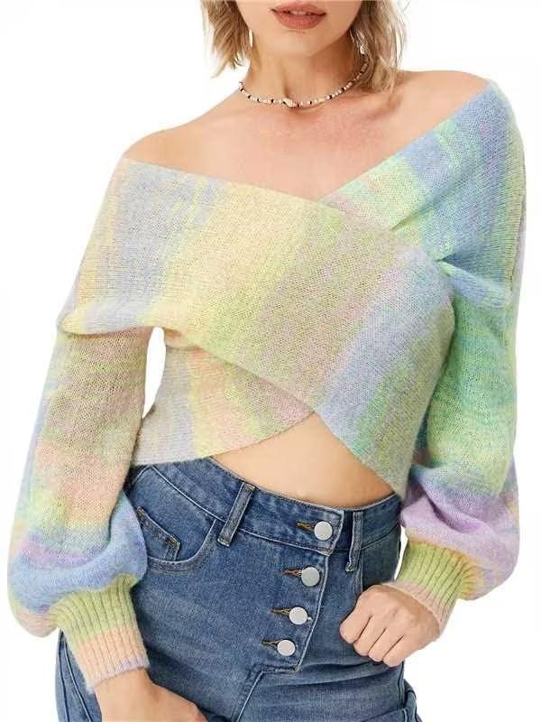 Women's Colorful Long-sleeved Sweater Short Top - WOMONA.COM