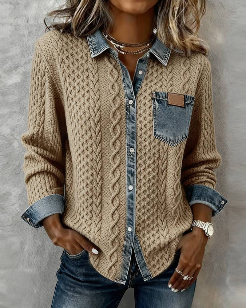 Knit-and-jean patchwork shirt in camel with denim chest pocket and button-up front