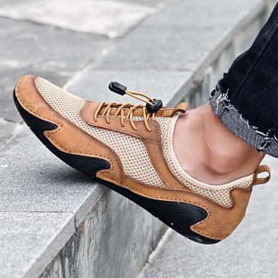 Men's casual hollow leather shoes, beige mesh with brown and black side panels