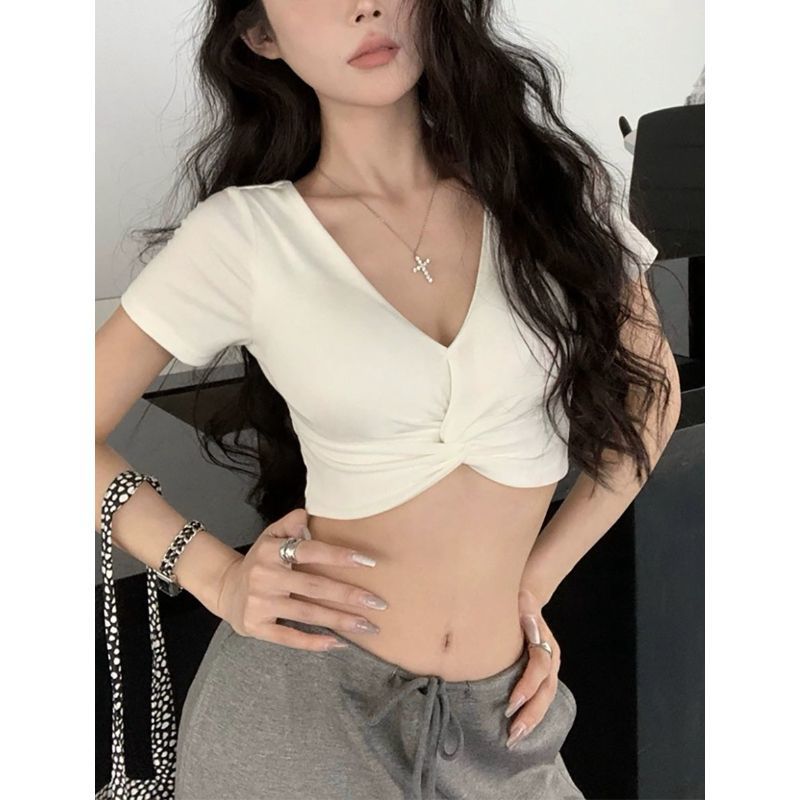 Cream short-sleeve deep V-neck T-shirt with front knot twist