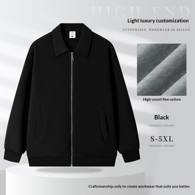 Men's black zip-front work jacket with turn-down collar and flap side pockets