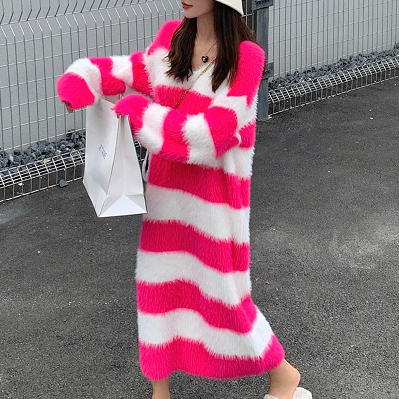 Women's Striped Long Knitted Dress - WOMONA.COM