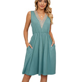 Lace Panel Sleeveless Dresss - WOMONA.COM