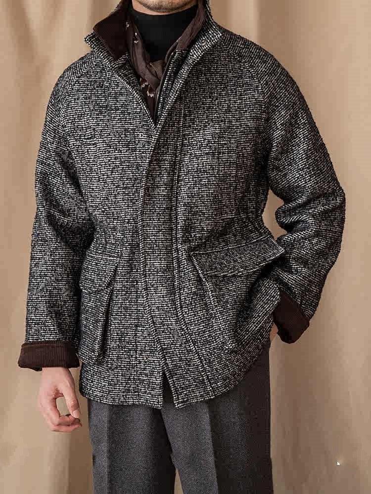 Men's wool winter coat, zip-up front with patch pockets and dark brown collar/cuff trim.