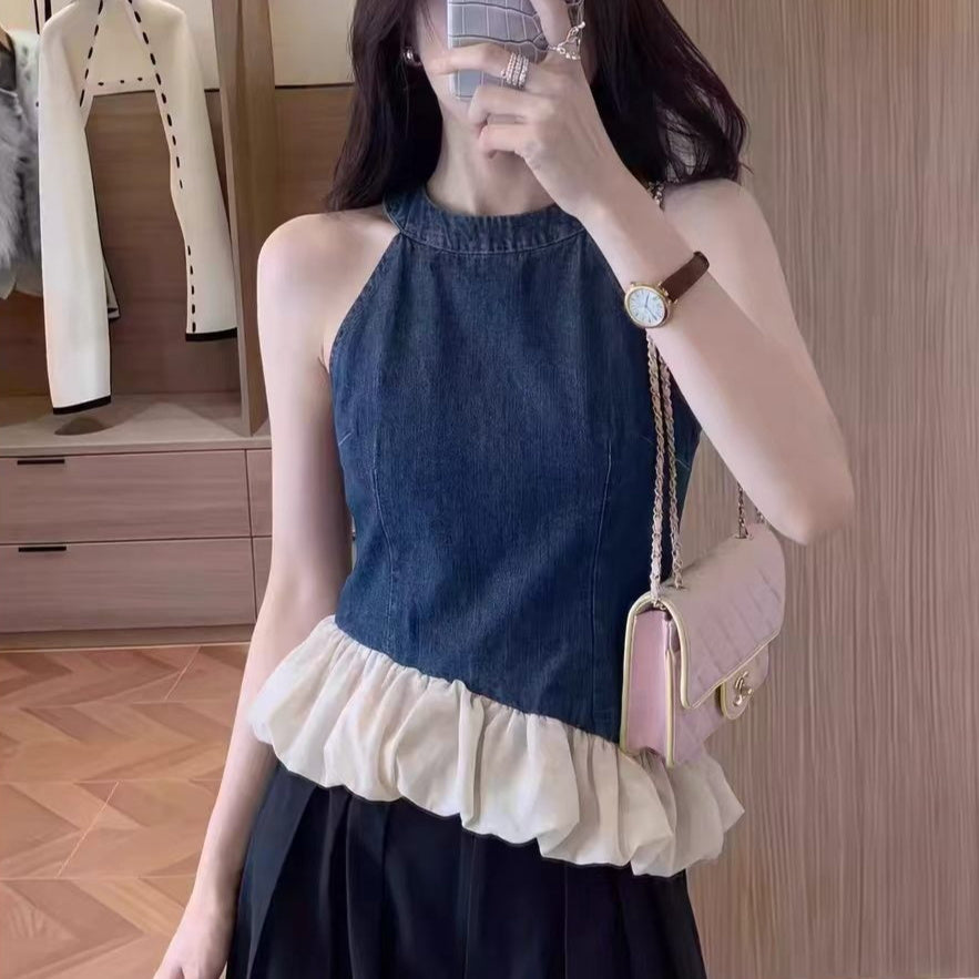 Denim halter vest top with white ruffle hem, sleeveless women's