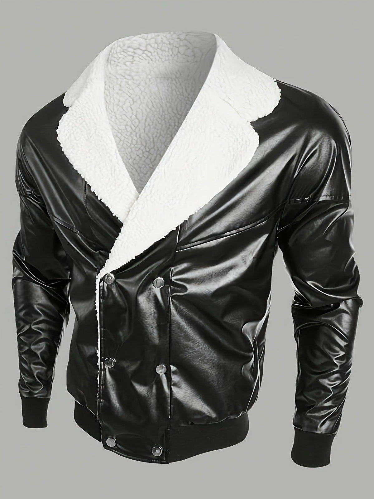 Black leather coat with cream sherpa V-collar and button-front placket