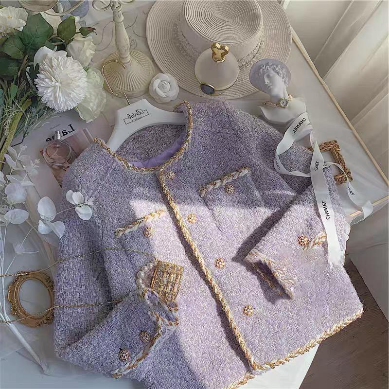 Women’s tweed short coat in lavender purple with gold trim and patch pockets