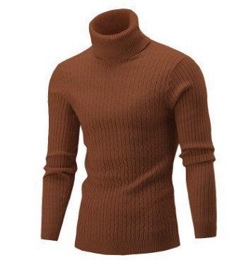 Men’s knit sweater with turtleneck, long sleeves, camel-brown cable texture.