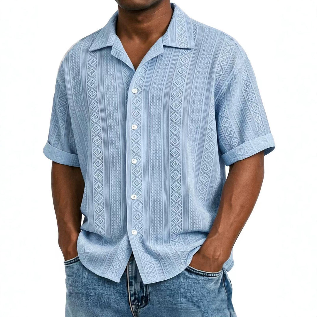 Men's jacquard short-sleeve shirt in light blue with vertical patterned trim, button front