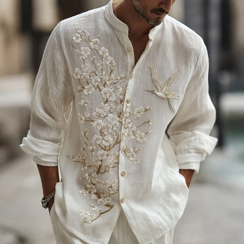 Men's white casual button-up shirt with 3D floral bird print detail