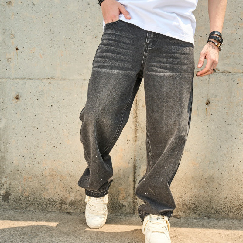 Men's dark gray washed jeans with relaxed straight fit, five-pocket styling