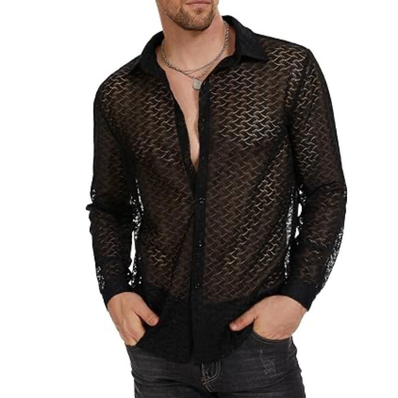 Men's black printed long-sleeve shirt with button-front and textured pattern