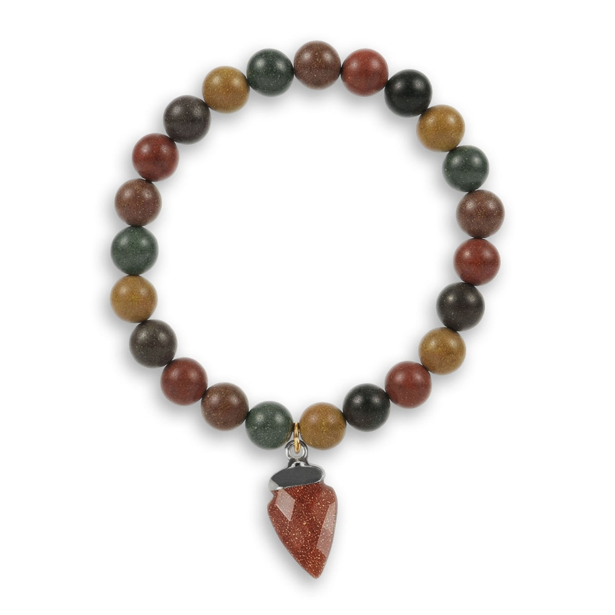 Beaded bracelet with multicolor stones and a red leaf-shaped pendant