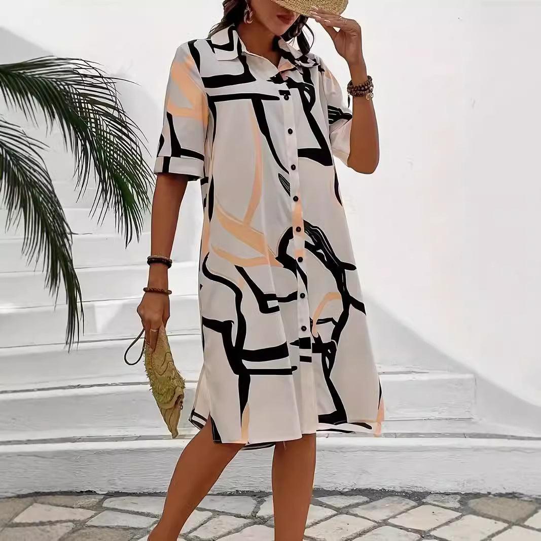 Geometric print shirt dress with lapel collar, off-white and black abstract pattern