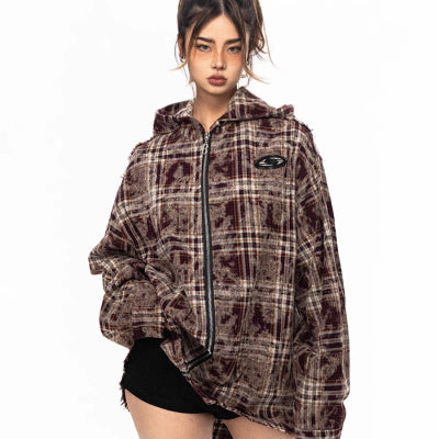 Unisex Red Plaid Hooded Jacket, Red Plaid - product view 1