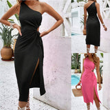 Oblique Shoulder Cut Knot Split Thigh Dress - WOMONA.COM