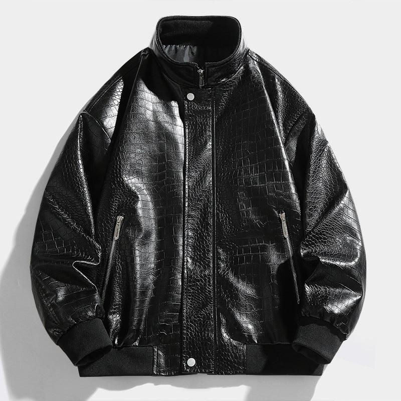 Black faux leather stand-collar zip jacket with black cuffs and two front zip pockets
