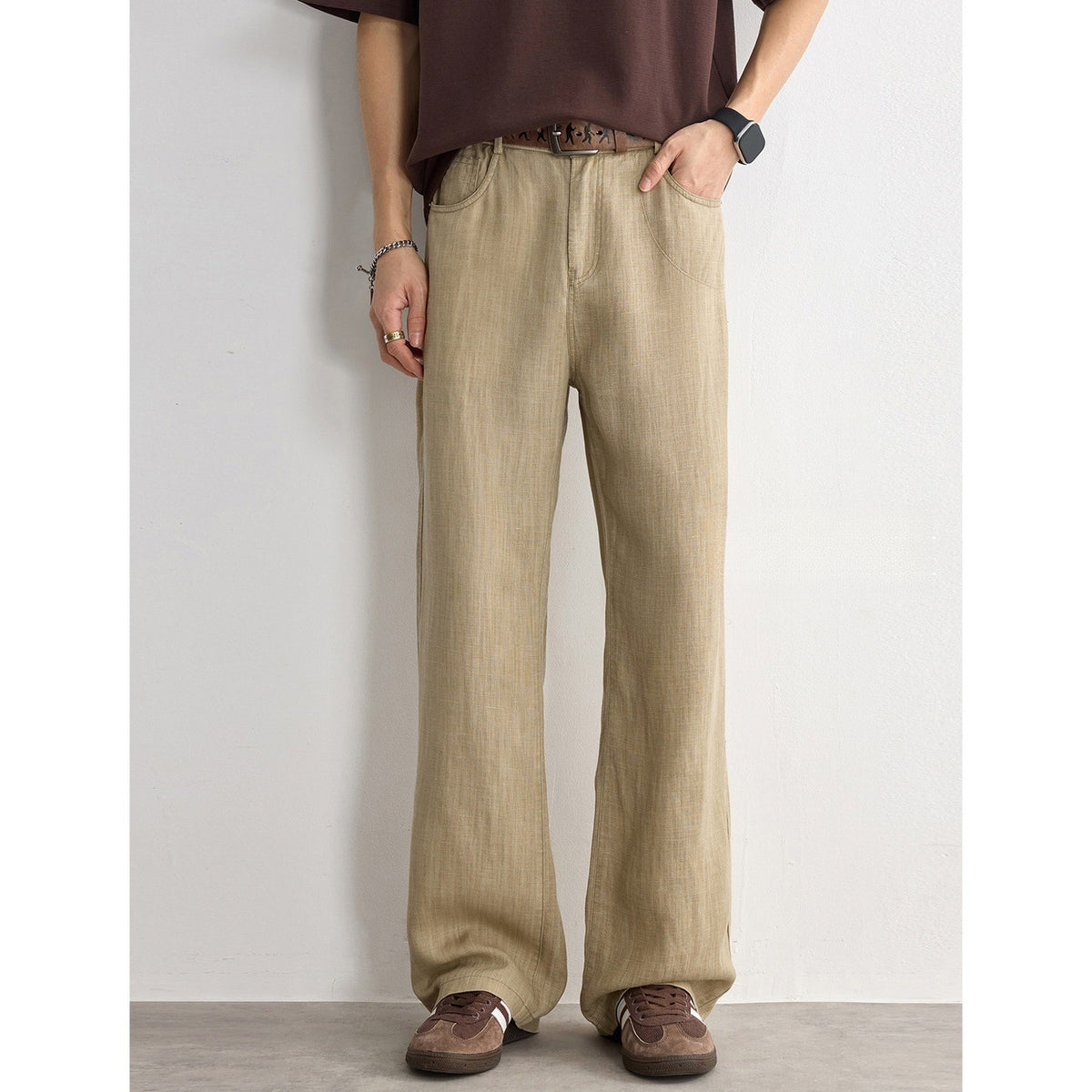 Khaki straight-leg linen blend pants with button closure and front pocket details
